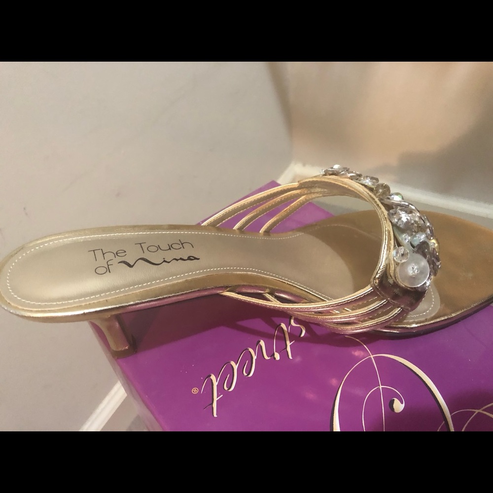 Gold sequined slip on sandals with kitten heels - Picture 1 of 2
